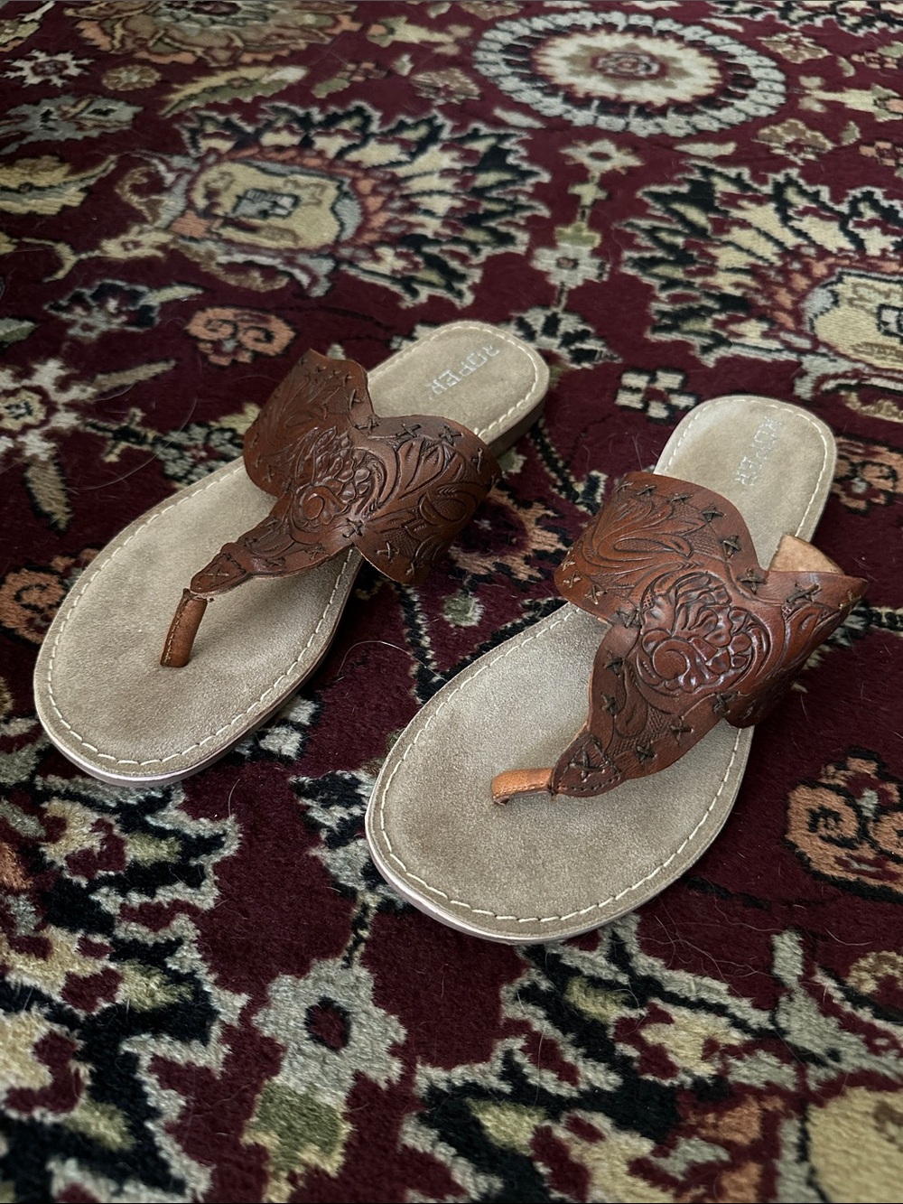 Western Roper Brown Floral Tooled Leather Sandals 8 NWOT